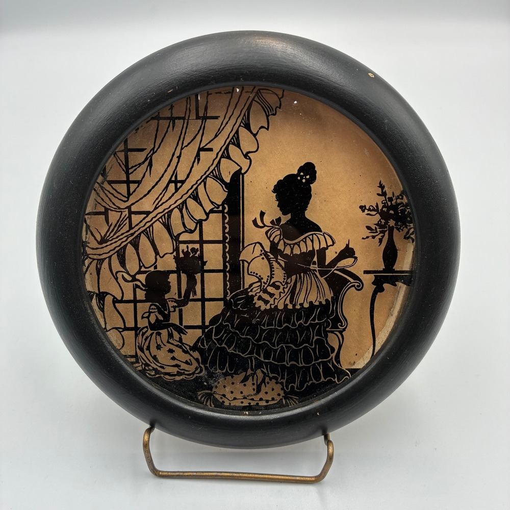 Vintage Victorian Silhouette Reverse Glass Painting Round Black Wood Frame 5in